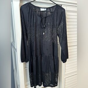 Dotti Black Eyelet Tie-Neck Long Sleeve Tiered Coverup  size M